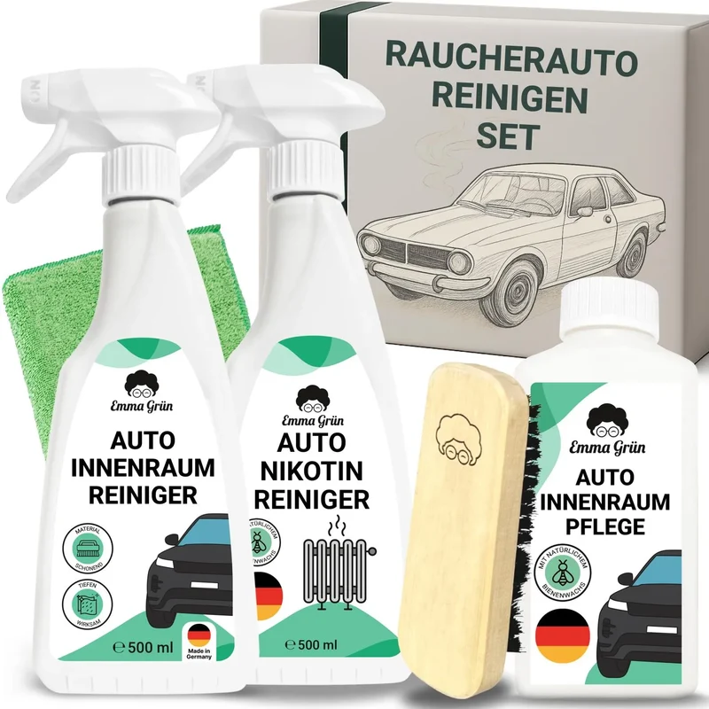 Raucherauto reinigen Set mit Reiniger, Nikotinentferner & Pflege