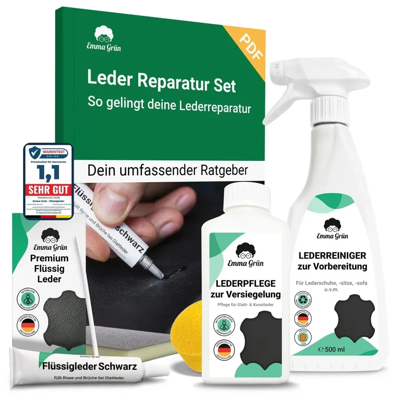 Leder Reparatur Komplettset mit Reiniger, Flüssigleder & Lederpflege (Schwarz)