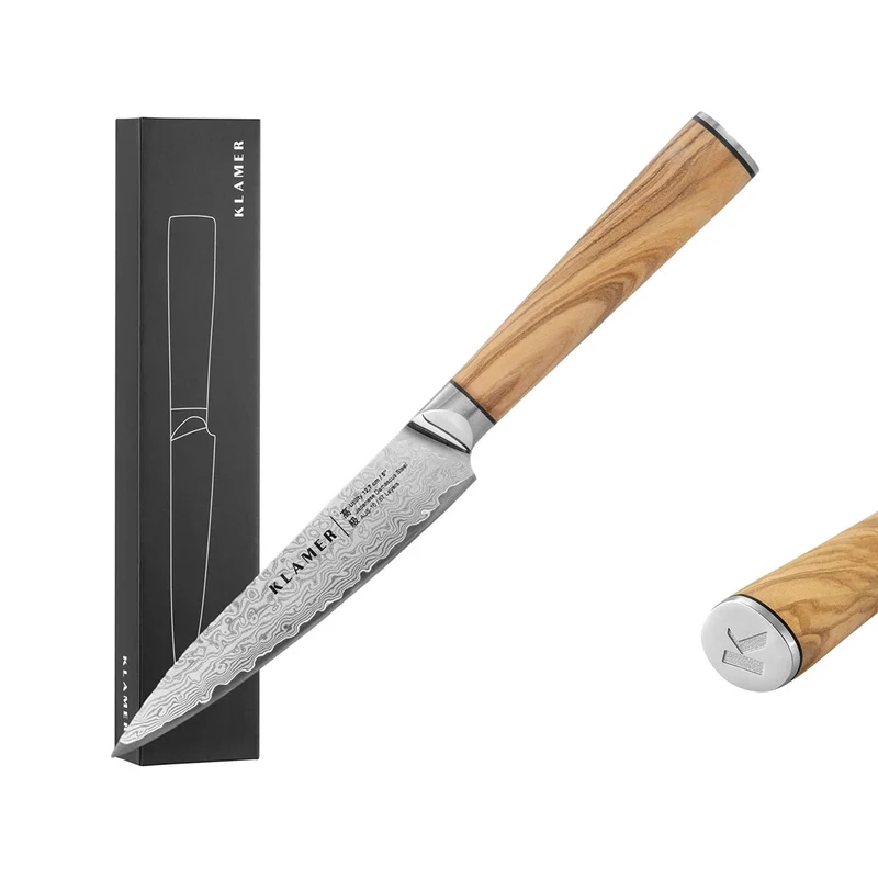 Damast Allzweckmesser 12.7cm mit Olivenholz