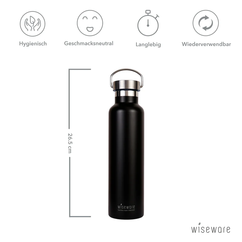 Edelstahl-Trinkflasche, 750 ml, BPA-frei, isoliert, schwarz