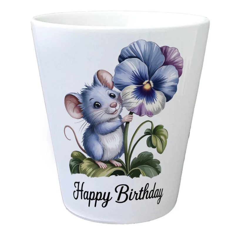 Maus mit Stiefmütterchen Blumentopf HAPPY BIRTHDAY