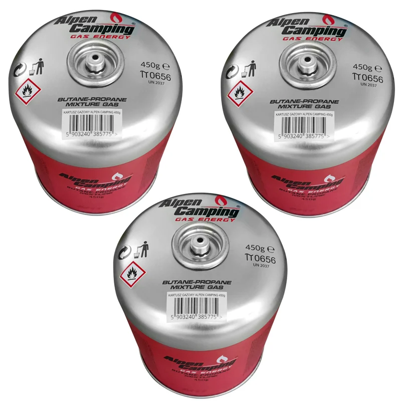 Alpen Camping 450g Gaskartusche, Zertifikat: Pi 0437, entspricht EN417, Propan-Butan, Bereich -10°c bis + 40°c, 7/16" Gewindeventil IK020, 3 Stück.