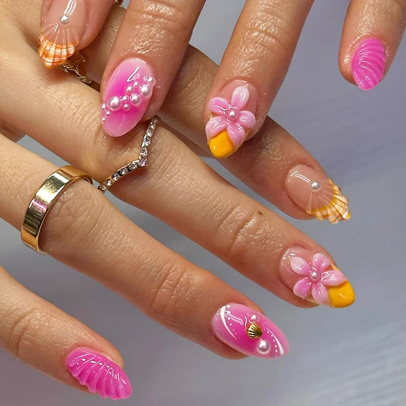 Dekorativer floraler langer Press-On-Nagelset Karnz