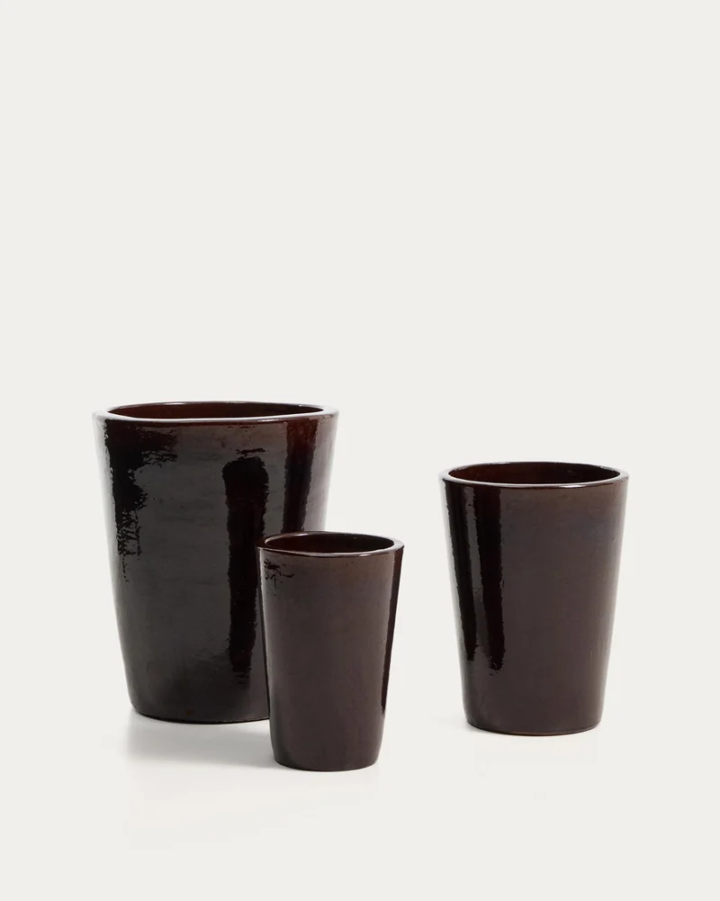 Rotja 3er Set Blumentöpfe aus Terrakotta mit granatrotem Glasurfinish Ø 26 / 35 / 47 cm