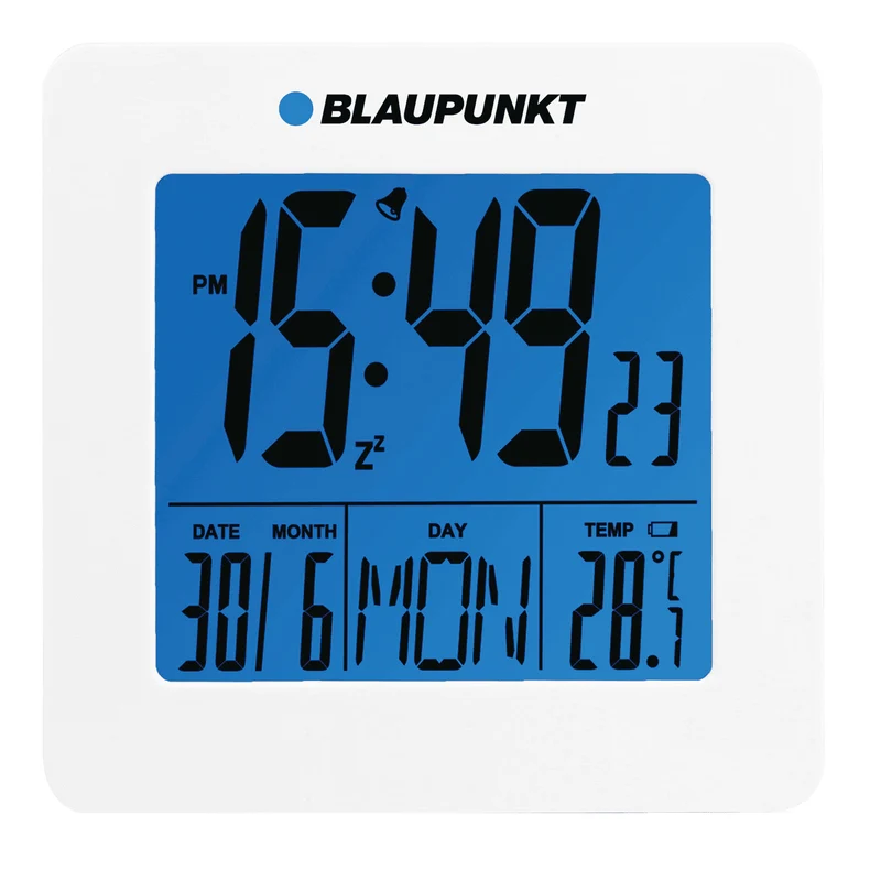 Wecker mit LCD-Display Thermometer mit Temperaturspeicher Datum, Uhr weiß