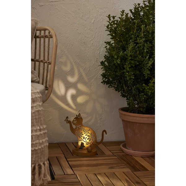 Star Trading LED-Solar-Dekoration "Oxicat", sitzende Katze Rost, Metall, ca. 25x30 cm, ww LED, Akku, outdoor, Vierfarb-Karton