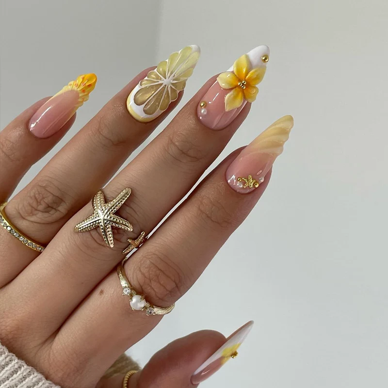Künstlerisches Floral Stiletto Press-On Nägel Set mit 3D Details Karnz