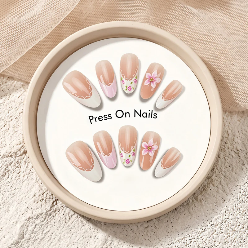Künstlerisches Press-On-Nagelset mit floralen Akzenten Karnz 1789389180