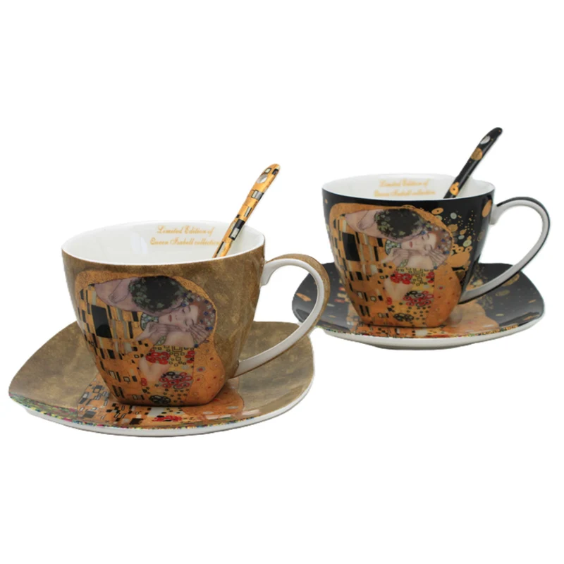 2er-Set Königin-Isabell-Porzellantassen, Klimt's Kiss-Motiv, Teelöffel, 250ml, W25KL60-2-19000