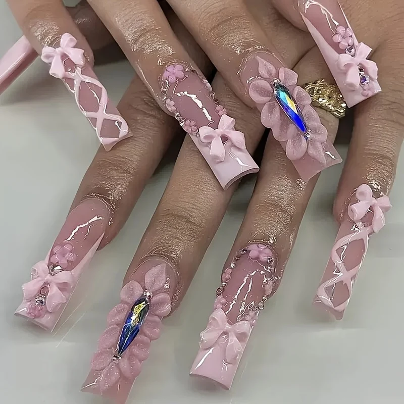 3D Floral Bow Press-On Nails Set Karnz