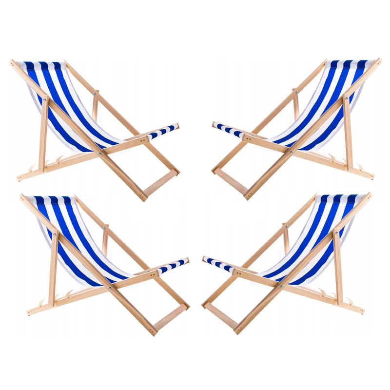 4 bequeme Liegestühle aus Holz, blau gestreift, ideal für den Strand, Balkon, Terrasse, montiert