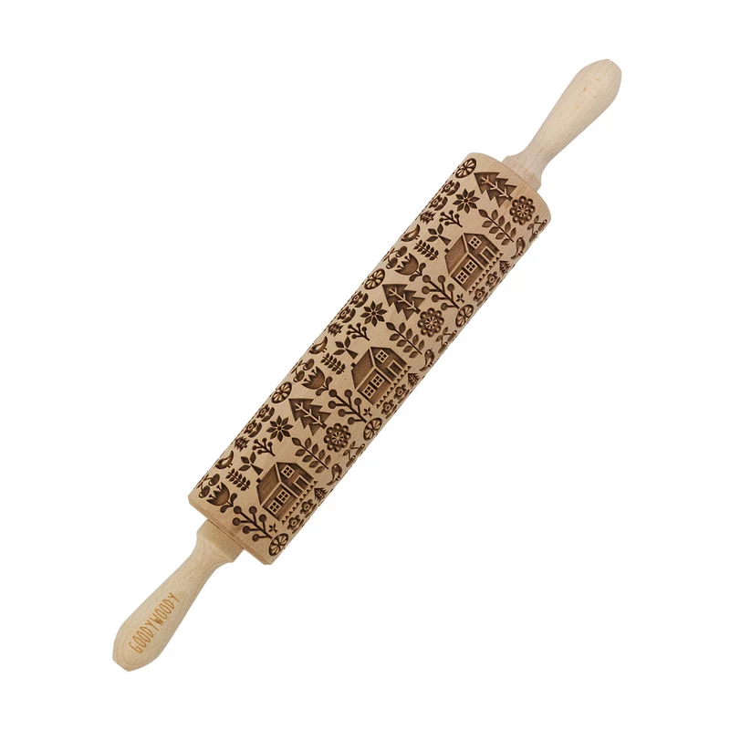 Goody Woody gravierte Kuchenrolle, 46 cm, Buchenholz, skandinavisches Haus