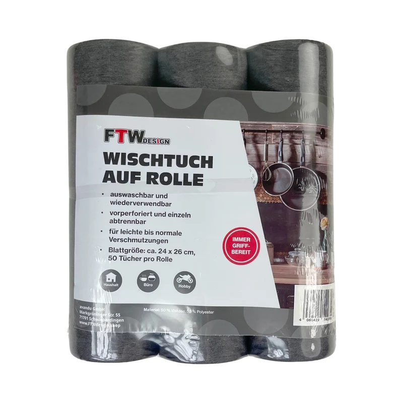Universal Wischtuch auf Rolle in schwarz 3x50 Tücher Putzlappen oder Reinigungstücher