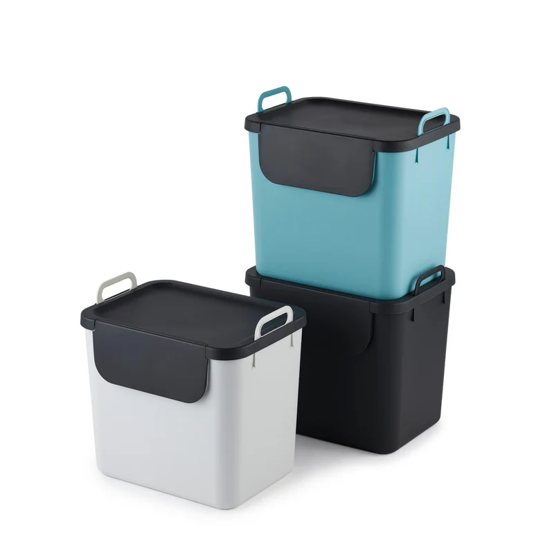 3x 30L Mülleimer mit Deckel Recycling Müllsystem Mülltrennungssystem Zwei Griffe Hergestellt aus 100 % Recycelten Materialien (Blau, Anthrazit, Weiß)