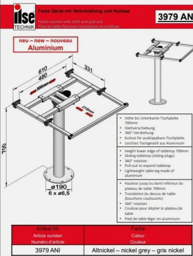 Tischsäule mit Verdrehung und Verschiebung Höhe 700mm