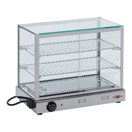 Stilfer ogrevana razstavna vitrina za hrano | Nerjaveče jeklo, 2 nivoja | 500 W, do 90 °C, Š53 x G35 x V43,6 cm