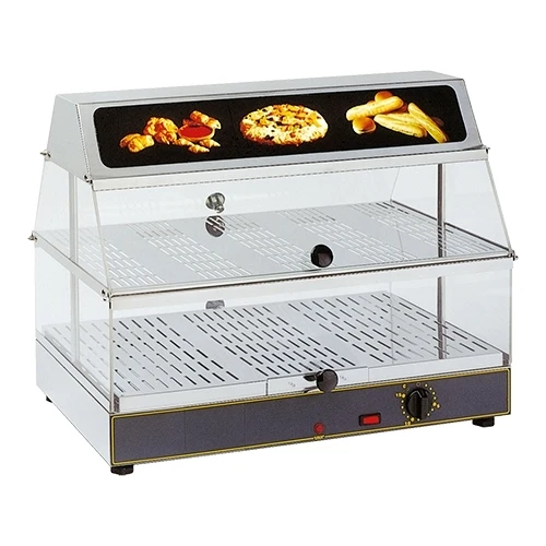 Ogrevana razstavna vitrina za hrano z 2 etažama in svetlobno tablo | Roller Grill | Nerjavno jeklo, 650 W, 20-90°C | 59 x 35 x V48 cm