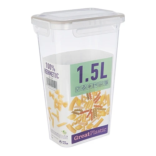 Hermetična posoda za shranjevanje živil | Great Plastic | Prozoren PP, zapiranje na sponke | 1,5 l, 14 x 10 x V21,5 cm