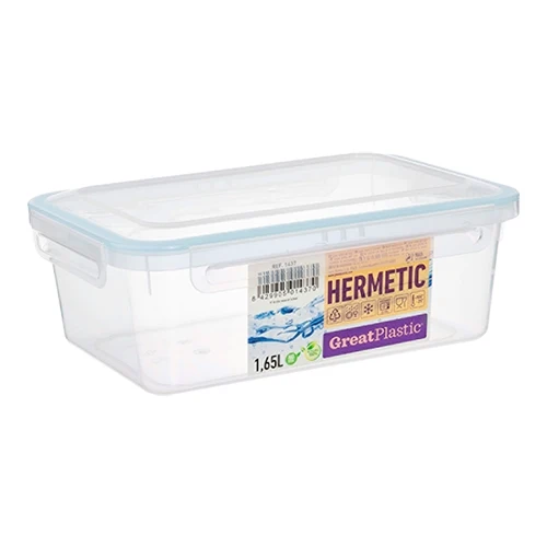 Hermetična posoda za shranjevanje živil | Great Plastic | Prozoren PP, zapiranje na sponke | 1,65 l, 22 x 15 x V8 cm