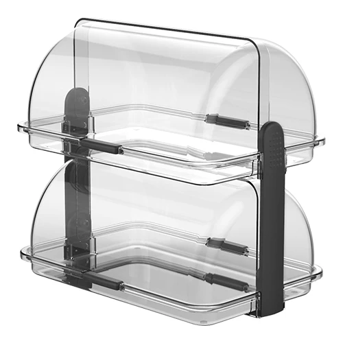 Biesse 2-nivojski bifejski razstavni podstavek z rolo pokrovom | prozoren polipropilen | 38 x 26 x H35.5 cm