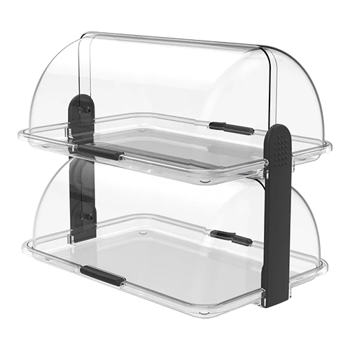Biesse 2-nadstropno bifejsko razstavno stojalo z rolo pokrovom | prozoren polipropilen | 46.5 x 31.5 x H40.5 cm