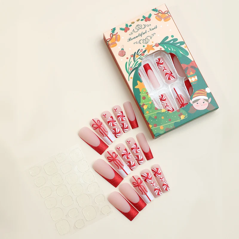 Kunstnagelset mit festlichem Zuckerstangen-Design und Glitzerakzenten Karnz