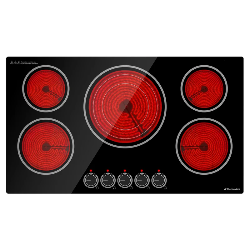 36 Inch Knob Control Built-in Ceramic Cooktop w/ 5 Burners, 9 Heat Levels