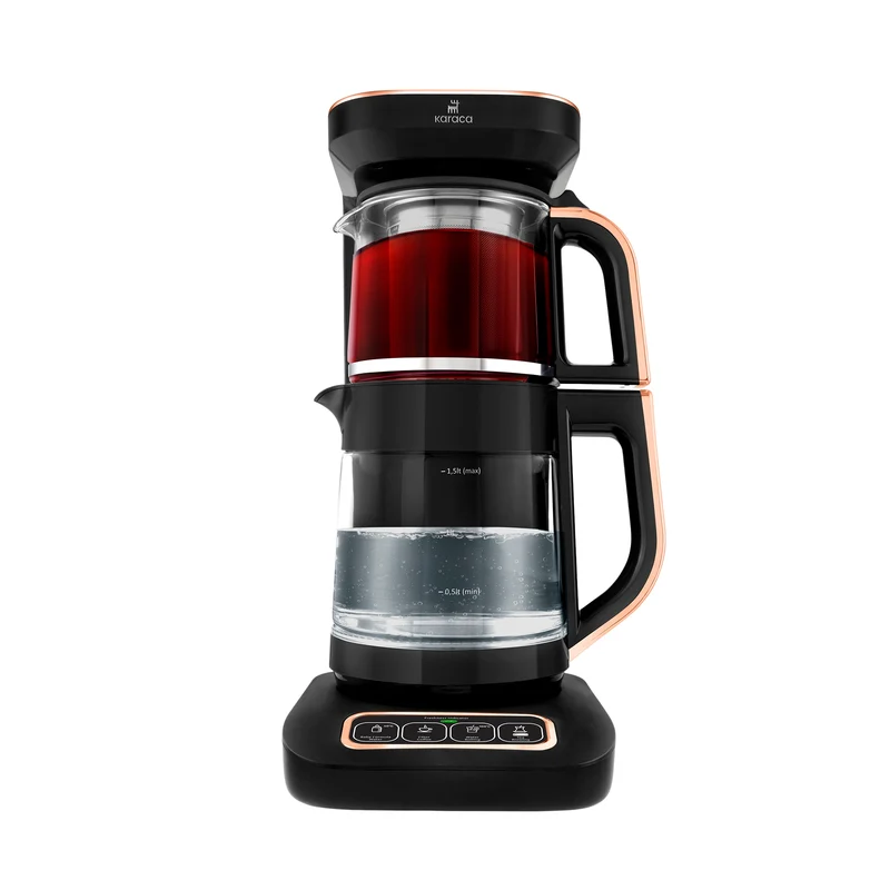 Karaca Çaysever Robotea Pro 4 in 1 Sprechende Automatische Glas-Teemaschine, Wasserkocher und Filterkaffeemaschine 2500W Schwarz Kupfer