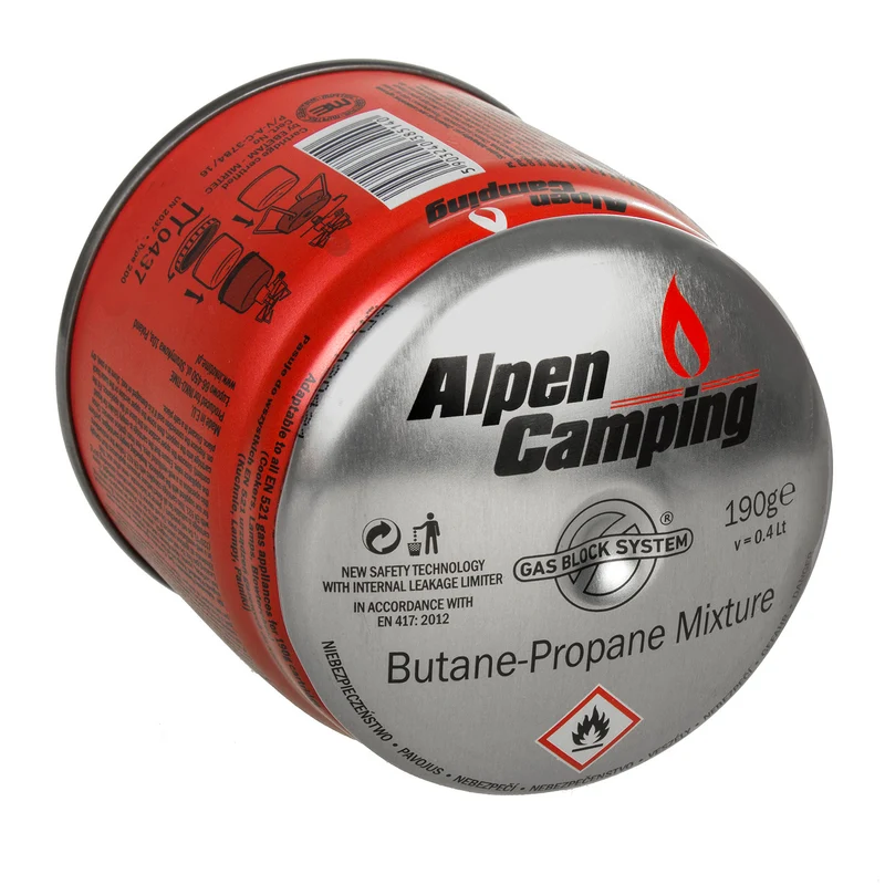 Gaskartusche 400 ml Alpen Camping. Zertifikat: Pi 0437, EN417 konform, Propan-Butan, Bereich -10°C bis +40°C, GAS STOP IK006 System